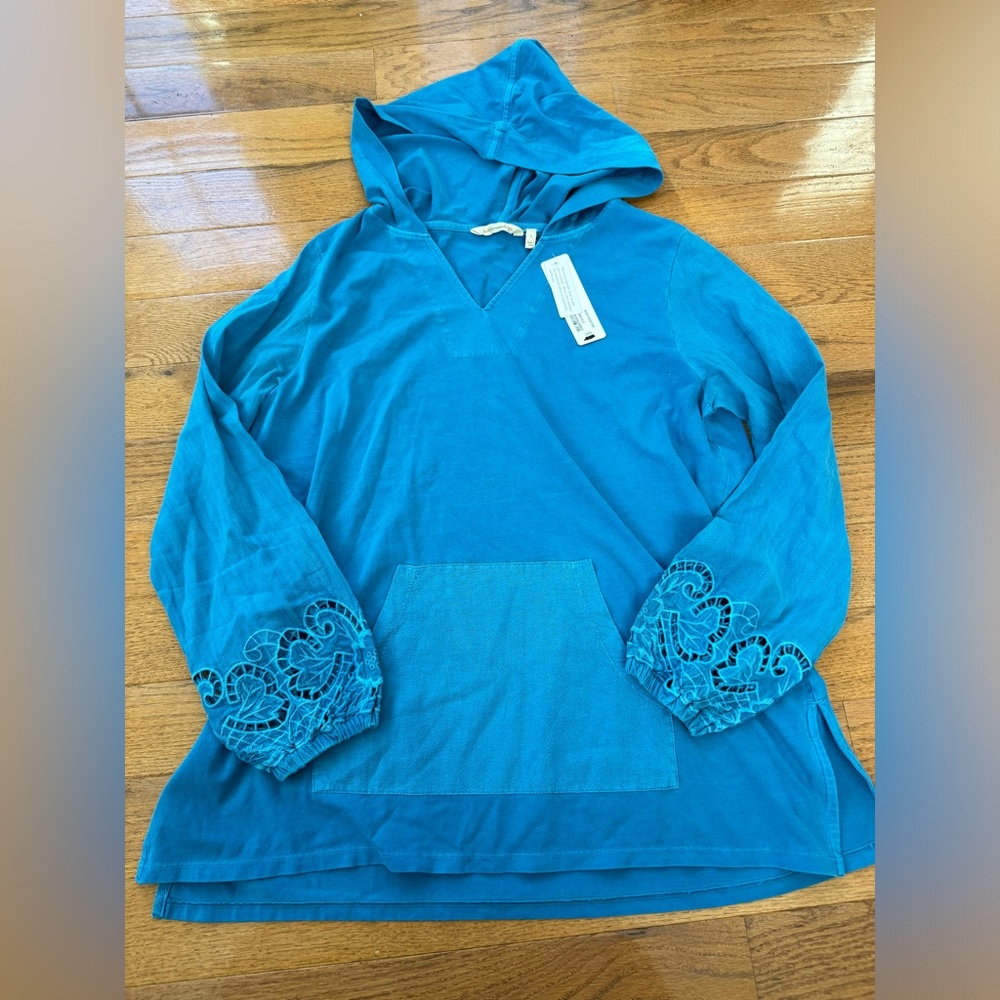 Soft Surroundings Retreat Hooded Tunic Fjord Blue Cutwork Sleeve Large NWT